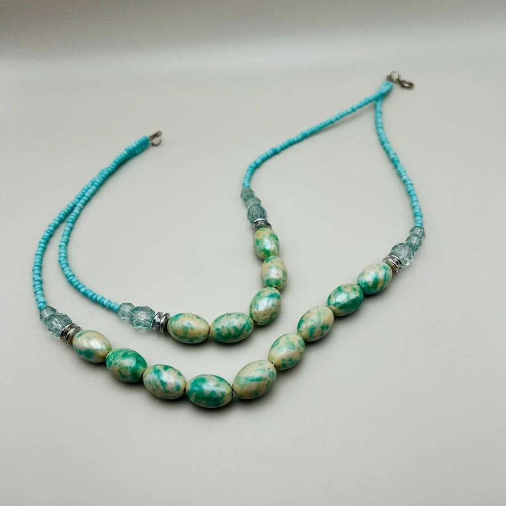 Turquoise Blue Double Strand Beaded Necklace Marbled Oval Beads Seed Beads‎